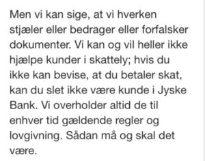 Alle i #jyskebanks Koncernledelsen er tilbudt at underskrive dette, om ikke at ville fortsætte bedrageri mod kunde, desvære nægtede Sven Buhrækall Kurt Bligaard Pedersen Rina Asmussen Philip Baruch Jens Borup Keld Norup Christina Lykke Munk Johnny Christensen MarianneLillevang Anders Dam Niels Erik Jakobsen Per Skovhus Peter Schleidt nægter alle at underskrive, da de hellere vil bedrage kunde